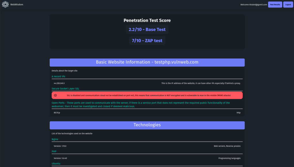 WebWisdom: Web Security & Vulnerability Assessment Tool